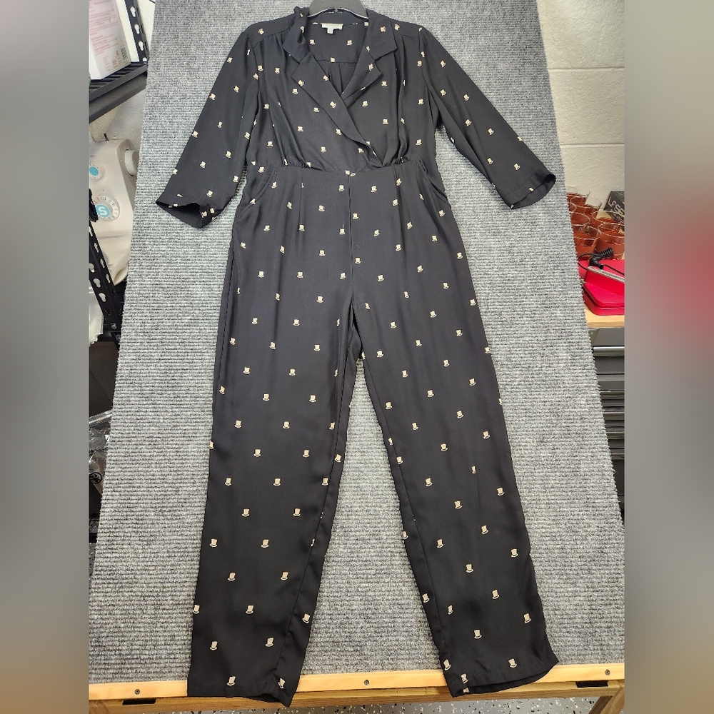 Harlyn Collared Black Hat Print Jumpsuit Anthropologie Pockets Sz L Sheer Lined